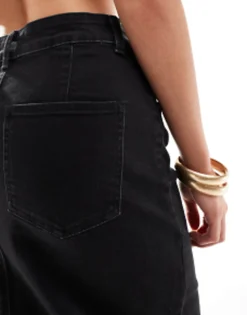 Petite*Petite Design Denim Maxi Skirt With Split Hem In Washed Black