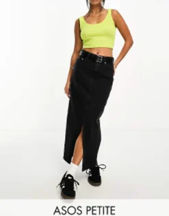 Skirts*Petite Design Denim Midi Skirt With Split Hem In Washed Black