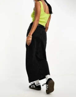 Skirts*Petite Design Denim Midi Skirt With Split Hem In Washed Black