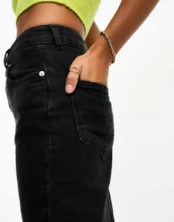 Skirts*Petite Design Denim Midi Skirt With Split Hem In Washed Black