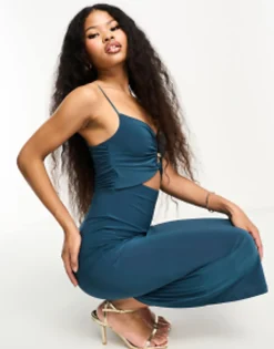 Petite*Petite Design Gold Trim Cut Out Cami Midi In Petrol Blue