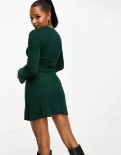 Petite*Petite Design Knitted Fit And Flare Mini Dress In Dark Green