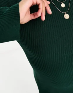 Petite*Petite Design Knitted Fit And Flare Mini Dress In Dark Green