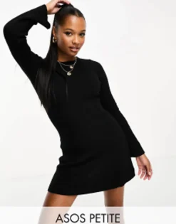 Petite*Petite Design Knitted Fit And Flare Mini Dress In Black