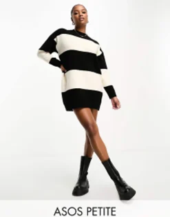 Tall*Petite Design Knitted Jumper Mini Dress With Crew Neck In Stripe