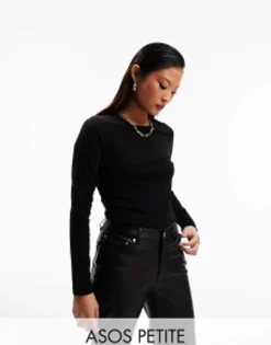 Petite*Petite Design Ultimate Slim Fit T-Shirt With Long Sleeves In Cotton In Black