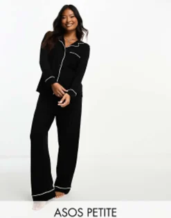 Petite*Petite Design Viscose Long Sleeve Shirt & Trouser Pyjama Set With Contrast Piping In Black