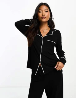 Petite*Petite Design Viscose Long Sleeve Shirt & Trouser Pyjama Set With Contrast Piping In Black