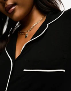 Petite*Petite Design Viscose Long Sleeve Shirt & Trouser Pyjama Set With Contrast Piping In Black