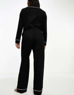 Petite*Petite Design Viscose Long Sleeve Shirt & Trouser Pyjama Set With Contrast Piping In Black