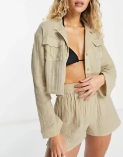 Shirts*DESIGN Pocket Oversized Beach Co Ord In Double Gauze In Oatmeal