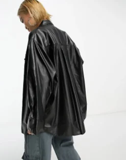 Shirts*DESIGN Pu Oversized Shirt With Wide Cuff Detail In Black