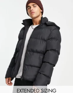 Tall*DESIGN Puffer Jacket With Detachable Hood In Black