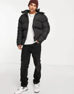 Tall*DESIGN Puffer Jacket With Detachable Hood In Black