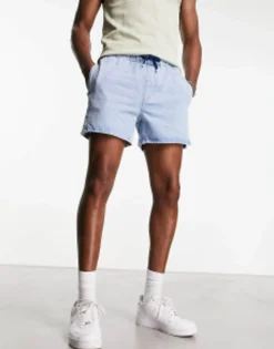 Shorts*DESIGN Pull On Shorter Length Denim Shorts In Light Wash Blue Light Blue