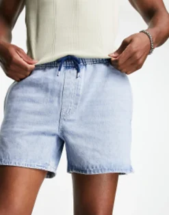 Shorts*DESIGN Pull On Shorter Length Denim Shorts In Light Wash Blue Light Blue