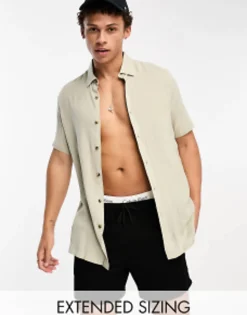 Tall*DESIGN Regular Fit Viscose Shirt In Olive Green Light Khaki