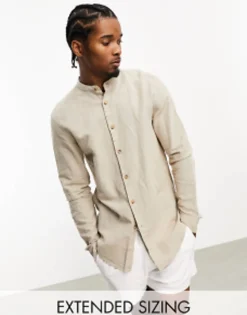 Tall*DESIGN Regular Shirt In Linen With Grandad Collar In Stone