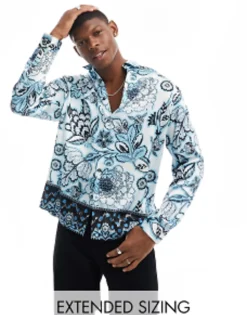 Tall*DESIGN Relaxed Satin Shirt In Floral Border Print Blue