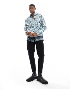 Tall*DESIGN Relaxed Satin Shirt In Floral Border Print Blue