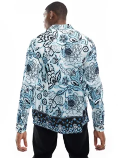 Tall*DESIGN Relaxed Satin Shirt In Floral Border Print Blue