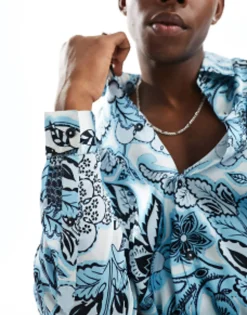 Tall*DESIGN Relaxed Satin Shirt In Floral Border Print Blue