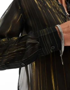 Tall*DESIGN Relaxed Sheer Shirt In And Gold Stripe Black