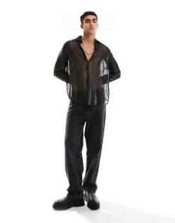 Tall*DESIGN Relaxed Sheer Shirt In And Gold Stripe Black
