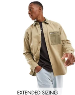 Tall*DESIGN Relaxed Shirt With Contrast Cord Collar And Pocket In Stone