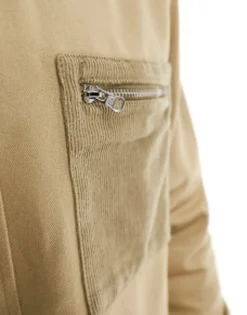 Tall*DESIGN Relaxed Shirt With Contrast Cord Collar And Pocket In Stone