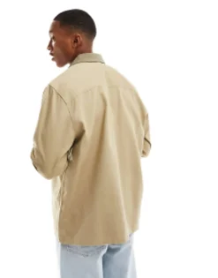 Tall*DESIGN Relaxed Shirt With Contrast Cord Collar And Pocket In Stone