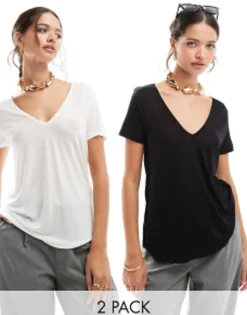 Multipacks*DESIGN Relaxed V Neck T-Shirt In 2 Pack In Black And White Black & White