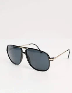 Sunglasses*DESIGN 70'S Aviator Sunglasses With Smoke Lens And Gold Detail Frame In Black