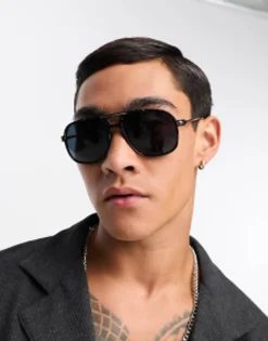 Sunglasses*DESIGN 70'S Aviator Sunglasses With Smoke Lens And Gold Detail Frame In Black