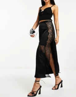Skirts*DESIGN Satin Midi Slip Skirt With Lace Inserts In Black