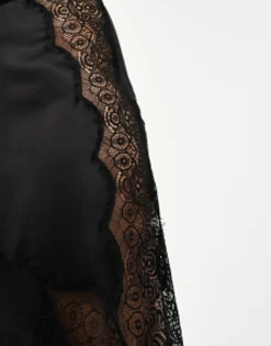 Skirts*DESIGN Satin Midi Slip Skirt With Lace Inserts In Black