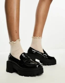Loafers*DESIGN Script Chunky Mid Heeled Loafers In Black Patent