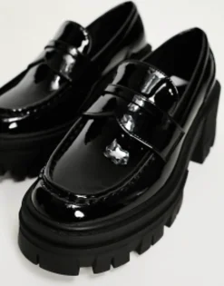 Loafers*DESIGN Script Chunky Mid Heeled Loafers In Black Patent