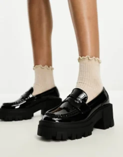 Loafers*DESIGN Script Chunky Mid Heeled Loafers In Black Patent