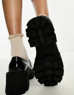 Loafers*DESIGN Script Chunky Mid Heeled Loafers In Black Patent