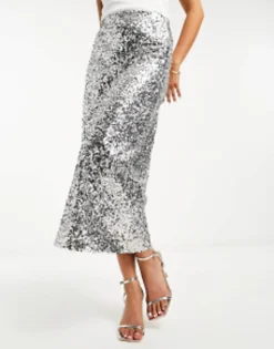 Skirts*DESIGN Sequin Bias Midi Skirt In Silver