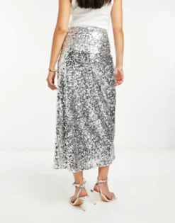 Skirts*DESIGN Sequin Bias Midi Skirt In Silver