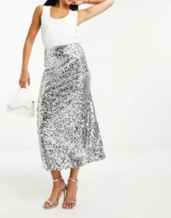 Skirts*DESIGN Sequin Bias Midi Skirt In Silver