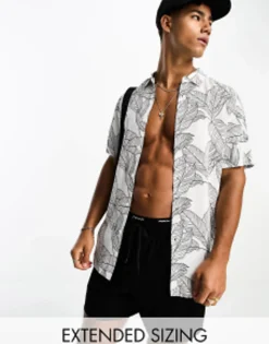 Tall*DESIGN Shirt In Leaf Scribble Print White