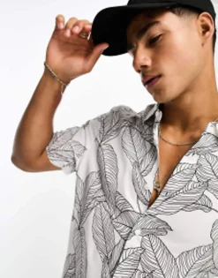 Tall*DESIGN Shirt In Leaf Scribble Print White