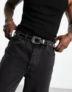 Belts*DESIGN Skinny Faux Leather Belt With Star Studs In Black