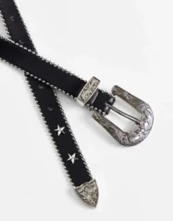 Belts*DESIGN Skinny Faux Leather Belt With Star Studs In Black