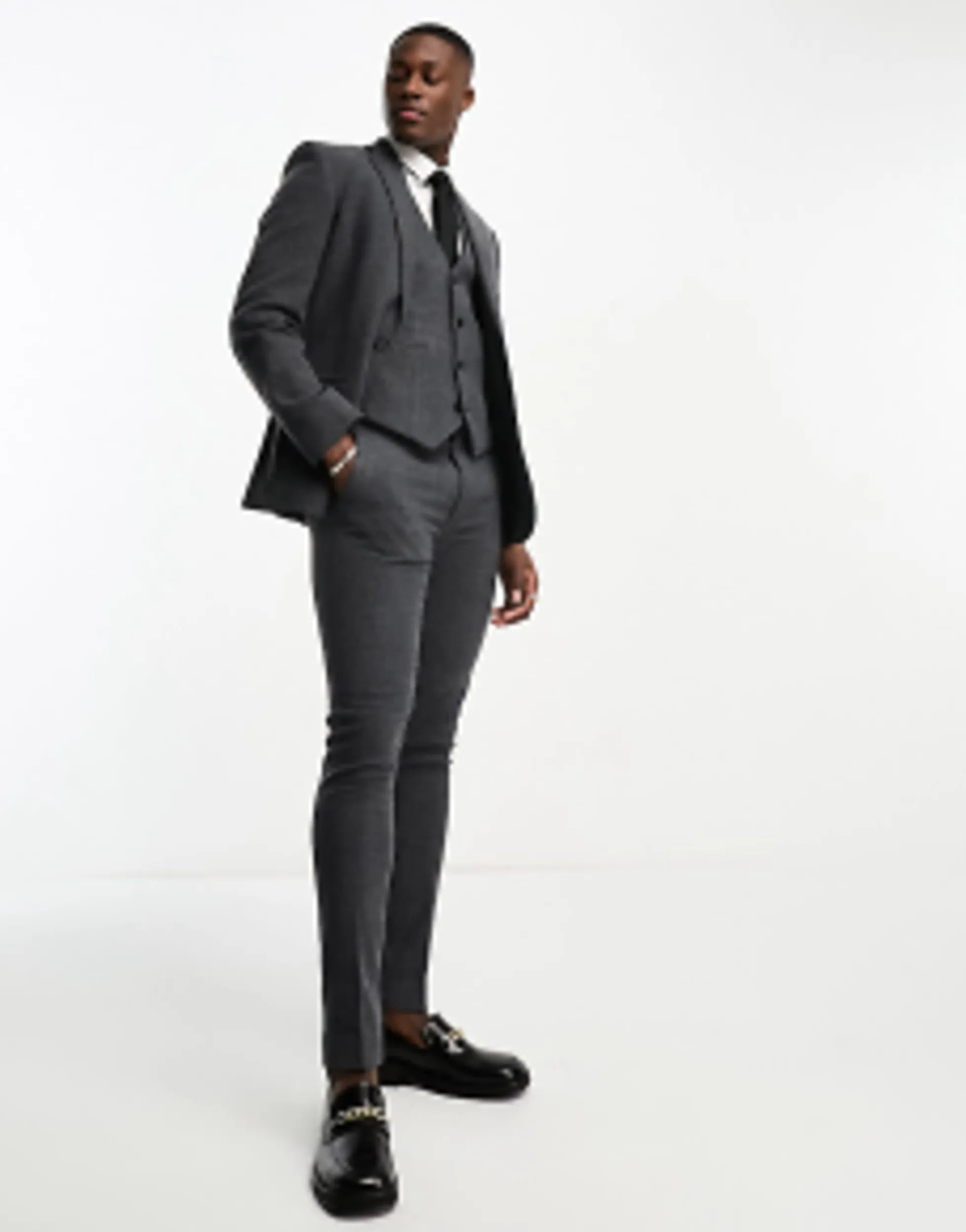 Suits & Tailoring*DESIGN Skinny Wool Mix Suit In Herringbone In Charcoal