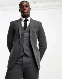Suits & Tailoring*DESIGN Skinny Wool Mix Suit In Herringbone In Charcoal