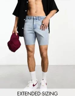 Shorts*DESIGN Slim Denim Shorts In Wash With Raw Hem Light Blue